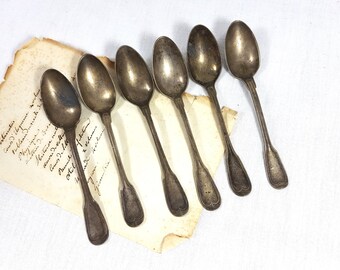 6 Identical Antique dessert silver spoons, French Vintage set flower Plated Flatware Serving cutlery teaspoon tea christmas table wedding