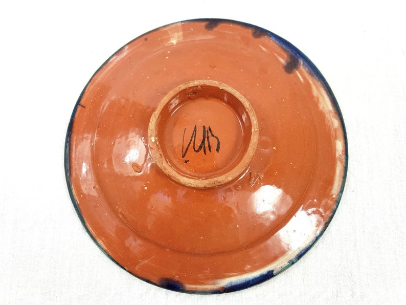French Vintage Hand Painted Ceramic Morrocan Plate Terracotta plate Wall Decor Signed ornated clay handmade blue dish Vintage plate