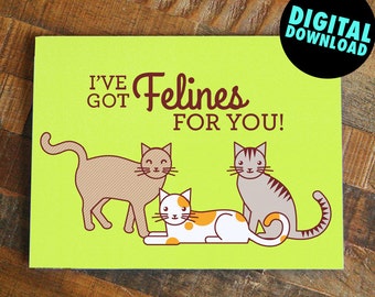 Printable Funny Love Card "I've got Felines for you!" - printable card, instant download, digital download, diy greeting card, cat card