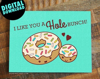 Printable Love Card "I Like You A Hole Bunch" - printable valentine, valentine's day card, instant download, digital card, donut card