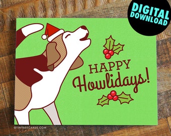 Carte de Noël drôle imprimable "Happy HOWLidays" - carte de jeu de mot chien Beagle, carte de Noël imprimable, joyeuses fêtes, carte de téléchargement numérique