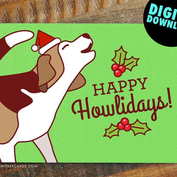 Printable Funny Christmas Card "Happy HOWLidays" - Beagle Dog Pun card, Printable Christmas Card, happy holidays, digital download card