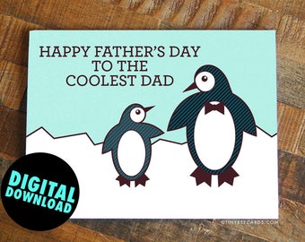 Penguin Printable Father's Day Card "Coolest Dad" - Funny father's day card, cute penguin pun card, animal puns, digital card for dad