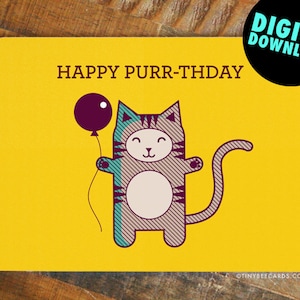 Cartão de aniversário para impressão de gato fofo "Happy Purr-thday" - cartão de aniversário com trocadilho, trocadilho de gato fofo, cartão de aniversário de gato, cartão de aniversário engraçado, cartões fofos