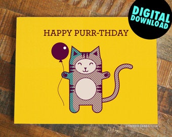 Cute Cat Printable Birthday Card "Happy Purr-thday" - pun birthday card, cute cat pun, cat birthday card, funny birthday card, cute cards