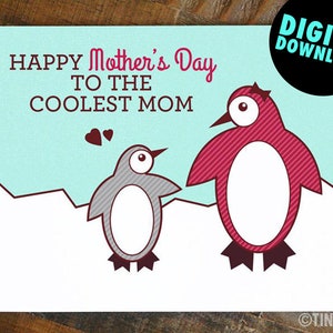 Penguin afdrukbare Moederdag kaart "Coolest Mom" - grappige Moederdag kaart, schattige pinguïn woordspeling kaart, dierlijke woordspelingen, digitale kaart voor moeder