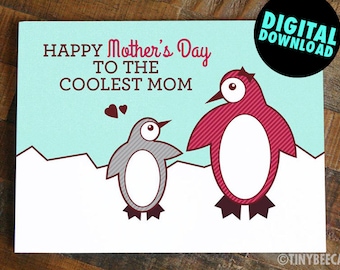 Carte de fête des mères imprimable pingouin "Coolest Mom" - carte de fête des mères drôle, carte de jeu de mots pingouin mignon, jeux de mots animaux, carte numérique pour maman