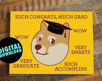 Funny Printable Graduation Card Doge "Much Grad" - carte doge drôle, téléchargement instantané, impression à partir de la carte de la maison, carte de graduation, carte de téléchargement