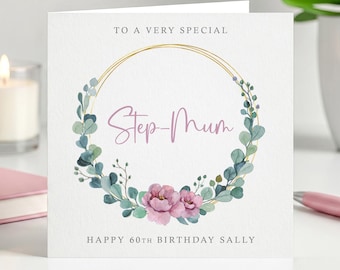 Tarjeta de cumpleaños para madrastra con corona floral de eucalipto personalizada para cualquier edad.