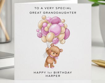 Personalised Great Granddaughter Birthday Card Teddy Bear and Pink Balloons Name & Age