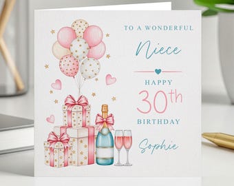 姪っ子への誕生日カード（ティールとピンクを基調としたデザイン、ギフトと風船付き）