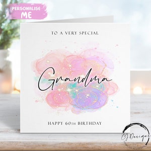 Carte d'anniversaire personnalisée grand-mère rose, violet et vert avec éclaboussures de tout âge 40e 50e 60e 70e 80e 90e 100e