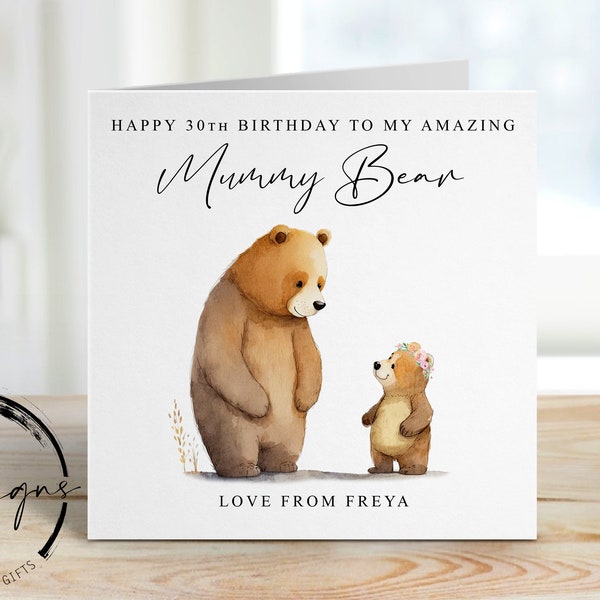 Personalisierte Mama Geburtstagskarte von bis zu 3 Kindern - Mammy Bear and Cubs- Card For Her, Mum, Mam, Mom, Mummy, Mammy, Mommy