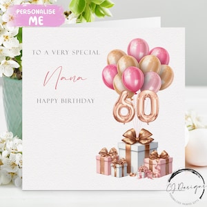 Gepersonaliseerde oma verjaardagskaart elke leeftijd roze en roségoud nummer ballonnen 40e 50e 55e 60e 65e 70e 75e 80e 85e 90e 95e 100e