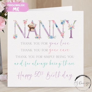Carte d'anniversaire personnalisée pour nounou, poème - carte de voeux florale rose pour tous les âges avec ours en peluche 50e 60e 65e 70e 75e 80e 90e 100e
