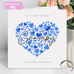 Biglietto di auguri di compleanno personalizzato per nonno, cuori blu QUALSIASI TESTO /ETÀ/ 40° 45° 50° 60° 65° 70° 75° 80° 85° 90° 95° 100°