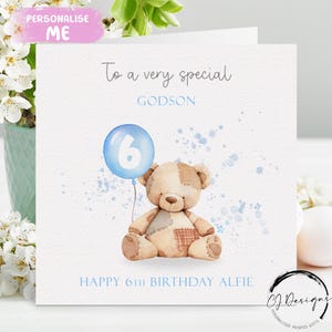 Personalisierte Patenkind Bär Geburtstagskarte - niedlicher Bär mit blauem Ballon jedes Alter & Name für ihn 1