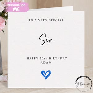 Personalisierte Geburtstagskarte für Sohn, blaues Herz JEDE BEGRIFFUNG / Alter Name 16.17.18.19.20.21.25.30.35.40.45.50.60.70