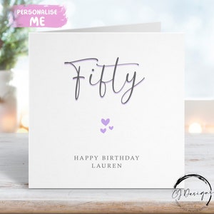 Carte d'anniversaire personnalisée pour les 50 ans - carte de voeux calligraphie imprimée violette et grise pour tous les âges 16 ans, 18 ans, 21 ans, 30 ans, 50 ans, 40 ans, 70 ans, 80 ans, 90 ans,