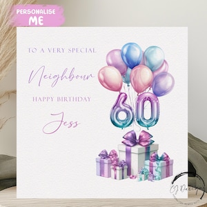 Carte d'anniversaire personnalisée avec un voisin, tout âge/nom, numéro ballons multicolores pastels 21ème 25ème 30ème 40ème 50ème 60ème 70ème 70ème 75ème 80ème 90ème
