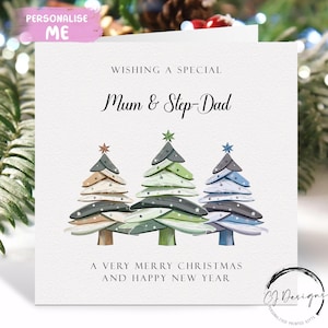 Carte de Noël pour maman et beau-père - Carte à thème parents sapins de Noël rustiques