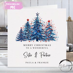 Personalisierte Schwester & Partner Weihnachtskarte Blau und Rot Thema mit Namen Weihnachtsbaum Karte