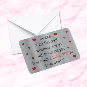 Billetera de metal personalizada con forma de tarjeta de recuerdo sentimental con frase "Cuánto te amo", regalo para prometido, esposo, esposa, novio o novia