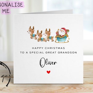 Biglietto di Natale personalizzato per pronipote, slitta di Babbo Natale e renne, con nome