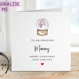 Mammy Weihnachtskarte - personalisierte Karte mit rosa Thema Schneemann-Schneekugel