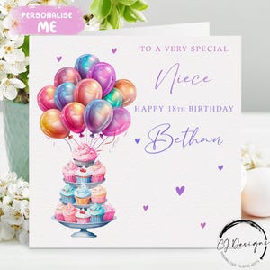Carte d'anniversaire personnalisée pour nièce, gâteaux et ballons multicolores Tous âges/noms : 14ème 15ème 16ème 17ème 18ème 19ème 21ème 30ème 40ème 50ème 60ème