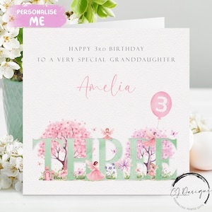 Carte d'anniversaire personnalisée pour petite-fille avec une fée rose et verte pour le 3e anniversaire - 3e anniversaire de petite fille