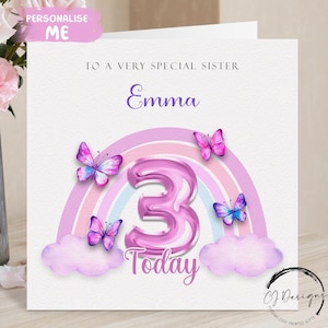 Cartão de aniversário personalizado com arco-íris rosa para irmã - Ursinho de pelúcia fofo e arco-íris, qualquer idade e nome para seu 1º, 2º, 3º, 4º, 5º, 6º e 7º ano