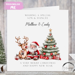 Biglietto di Natale personalizzato per figlio e fidanzato - Biglietto con coppia di Babbo Natale ubriachi e renne