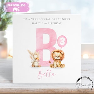 Cartão de aniversário personalizado para sobrinha-neta com inicial de leão e pato - nome e idade - para ela QUALQUER IDADE 1º 2º 3º 4º 5º 6º 7º 8º 9º 10º