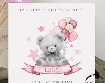 Birthday Card For Great-Niece Personalised Teddy Bear & Pink Balloon Any Age or Wording