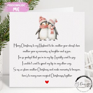 Carte de Noël poème futur mari - Carte de couple pingouin aimant et coeur rouge