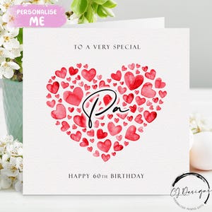 Biglietto di auguri di compleanno personalizzato per papà, cuori rossi QUALSIASI TESTO Qualsiasi età 40° 45° 50° 55° 60° 65° 70° 75° 80° 85° 90° 95° 100°