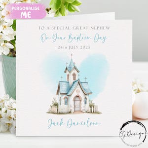 Carte de baptême personnalisée de l'arrière-neveu, église bleue avec carte de voeux nom/date, souvenir du jour du baptême petit garçon