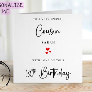 Carte d'anniversaire cousine personnalisée de tous âges et prénoms - carte coeur pour elle/lui, 16e 18e 18e 21e 30e 40e 40e 50e 60e 70e 80e