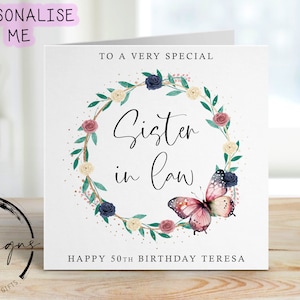 Carte d'anniversaire personnalisée belle-soeur - couronne de papillons floraux rustiques pour tout âge/nom carte de voeux 30, 40, 50, 60, 70, 80, 90