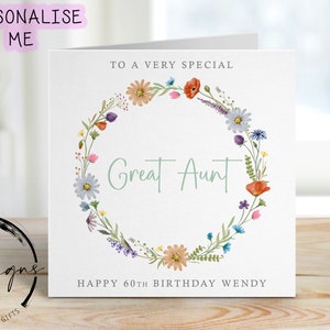 Carte d'anniversaire personnalisée grand-tante - couronne de fleurs sauvages - tout âge/nom, carte de voeux 30, 40, 50, 60, 70, 80, 90