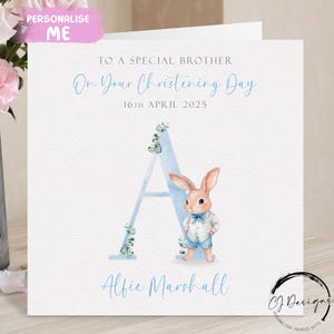 Biglietto di auguri personalizzato per il battesimo del fratello coniglio, biglietto di auguri con nome iniziale e data, ricordo del giorno del battesimo