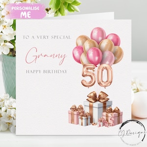 Gepersonaliseerde oma verjaardagskaart elke leeftijd roze en roségoud nummer ballonnen 50e 60e 65e 70e 75e 80e 85e 90e 95e 100e