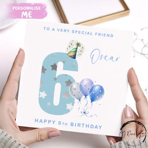 Cartão de aniversário personalizado para amigo, número azul e balões, aniversário, 1º, 2º, 3º, 4º, 5º, 6º, 7º, 8º, 9º e 10º com nome, idades de 1 a 10 anos