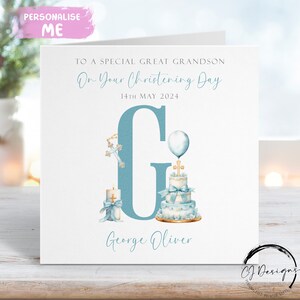 Tarjeta de bautizo personalizada para bisnieto, tarjeta de felicitación con inicial y fecha, recuerdo del bautizo.