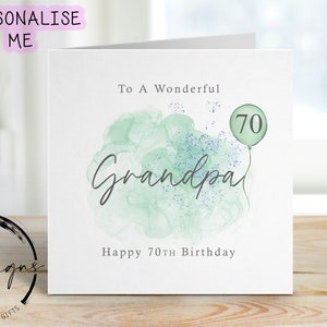 Carte d'anniversaire personnalisée grand-père - design vert/bleu avec ballon vert - carte pour lui, tous âges et noms 40e 50, 60 70, 80 90