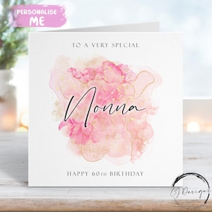 Biglietto di auguri di compleanno personalizzato per nonna con design a schizzi di oro rosa e rosa. Qualsiasi età/nome: 45°, 50°, 60°, 65°, 70°, 75°, 80°, 85°, 90°, 100°.