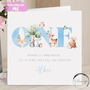 Personalisierte erste Geburtstagskarte für Urenkel Waldtiere im blauen Thema Geburtstagskarte - 1st Birthday One