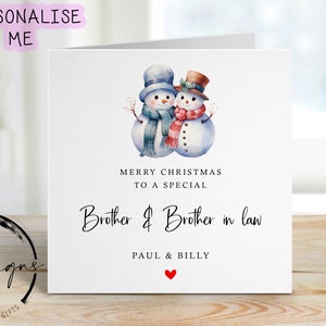 Carte de Noël personnalisée spéciale frère et beau-frère - carte couple bonhomme de neige et coeur rouge