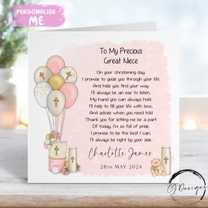 Poema de bautizo personalizado para sobrina nieta, tarjeta con verso, nombre y fecha, tarjeta de felicitación, recuerdo del día del bautizo para ella.